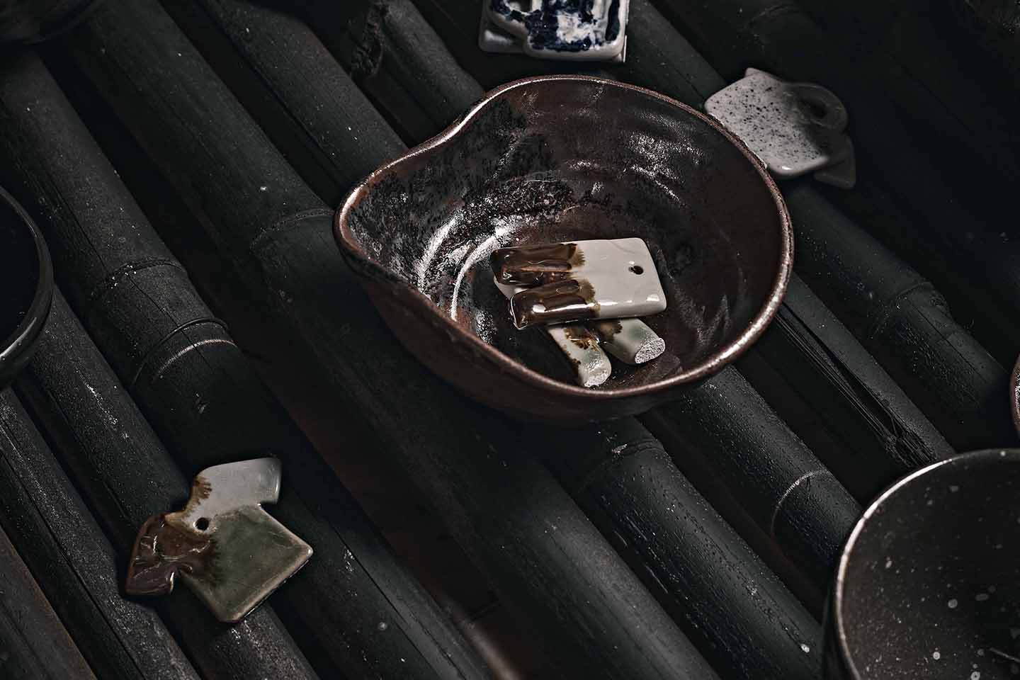 Different handmade ceramic on background.